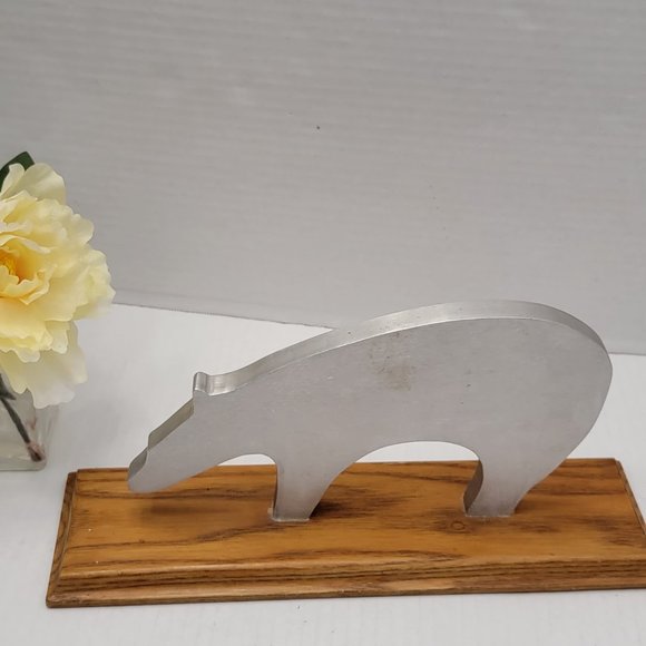 Vintage Brutalist Metal Sculpture Metal on Wood Bear Signed H Walters 90s Art
